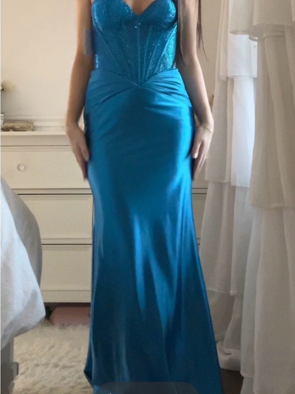 Sherri Hill Teal Blue Satin Maxi Gown with Beaded Bodice